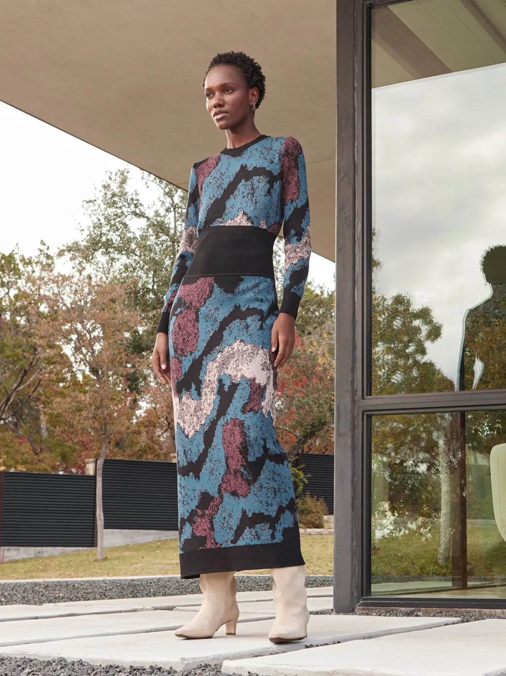 Abstract Sheath Jacquard Knit Maxi Dress|Misook Best