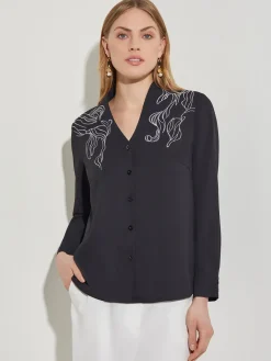 Abstract Stitch Embroidered Button-Front Crepe Blouse|Misook New