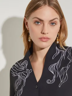 Abstract Stitch Embroidered Button-Front Crepe Blouse|Misook New