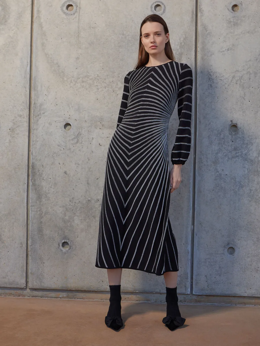 A-Line Melange Striped Soft Knit Midi Dress|Misook Hot
