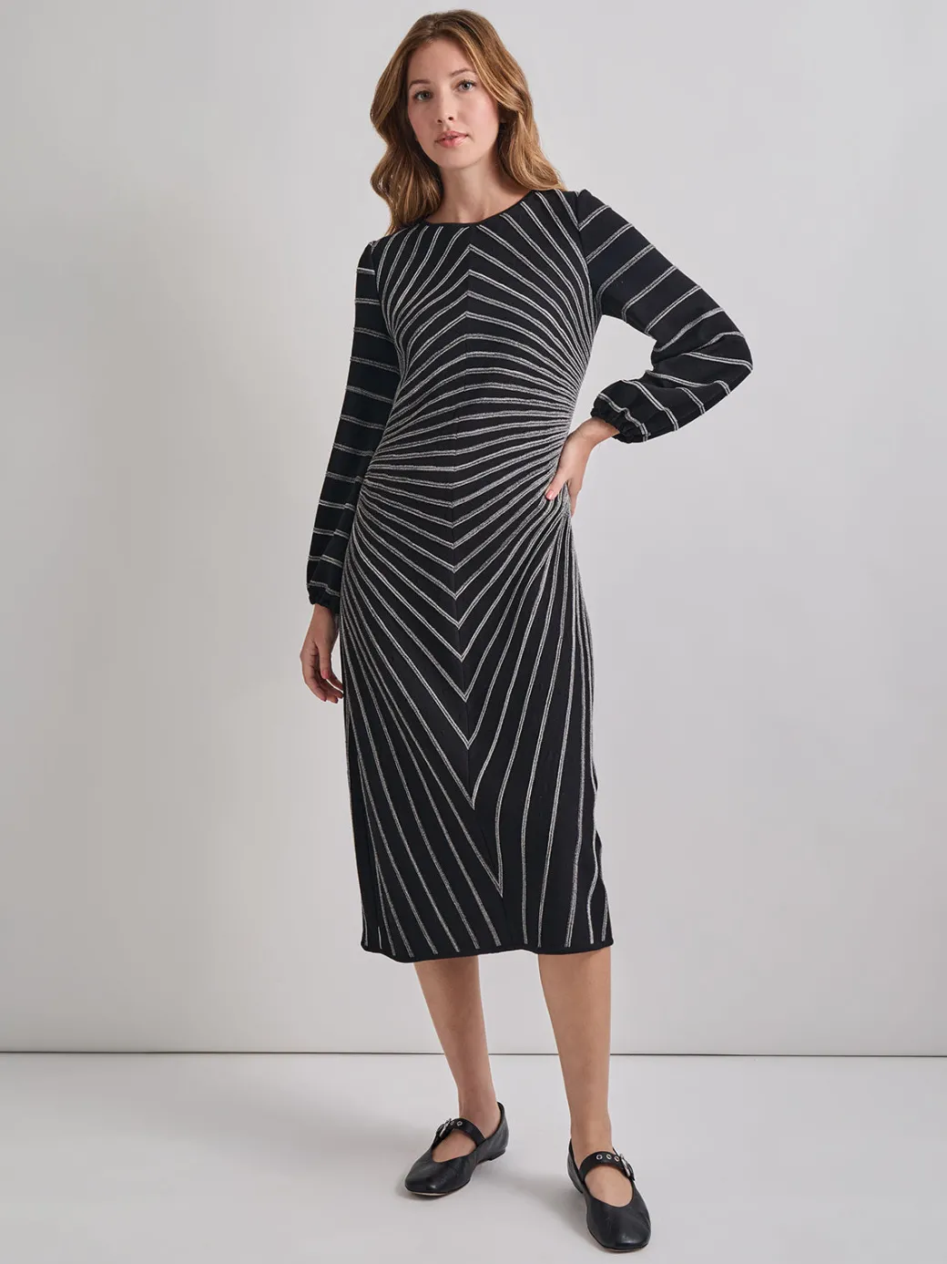 A-Line Melange Striped Soft Knit Midi Dress|Misook Hot