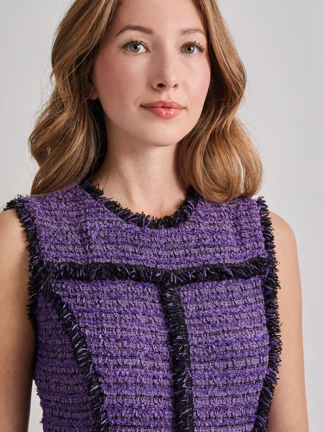 A-Line Princess Seam Fringe Trim Knit Dress|Misook Clearance