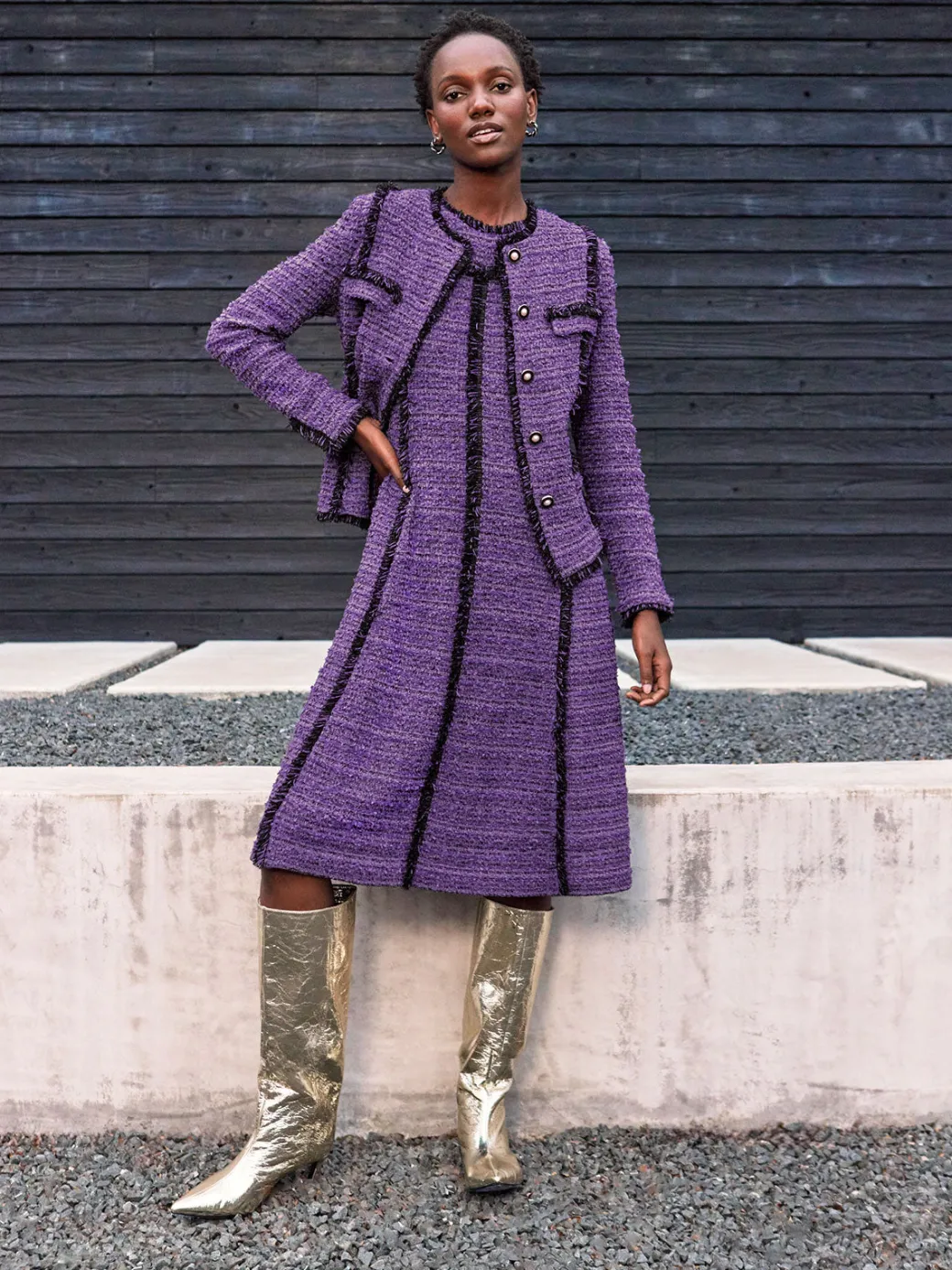 A-Line Princess Seam Fringe Trim Knit Dress|Misook Clearance