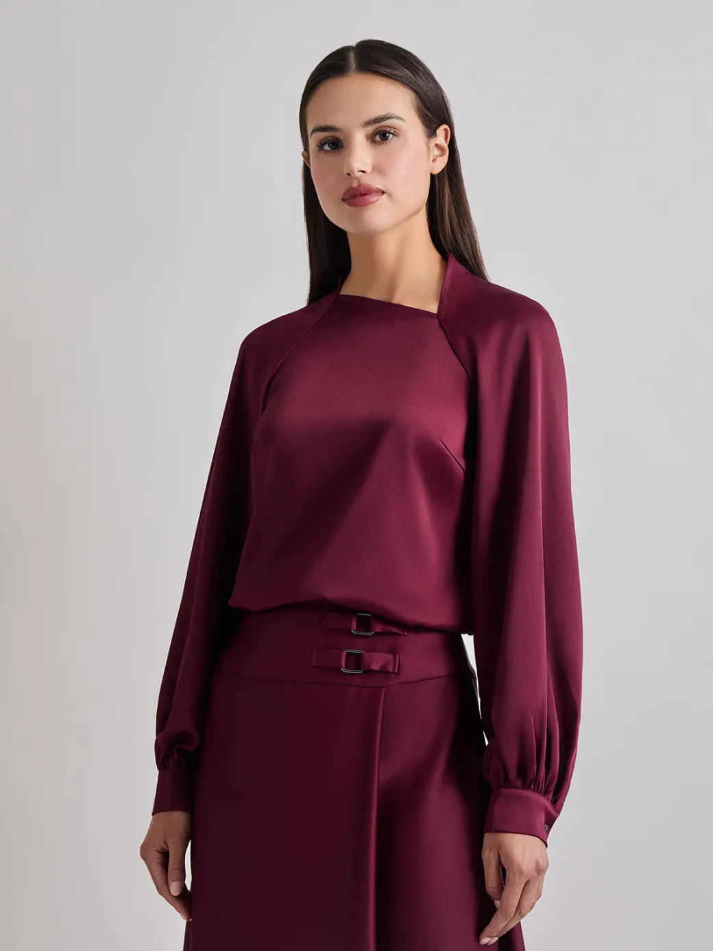 Asymmetrical Neckline Crepe de Chine Blouse|Misook Outlet