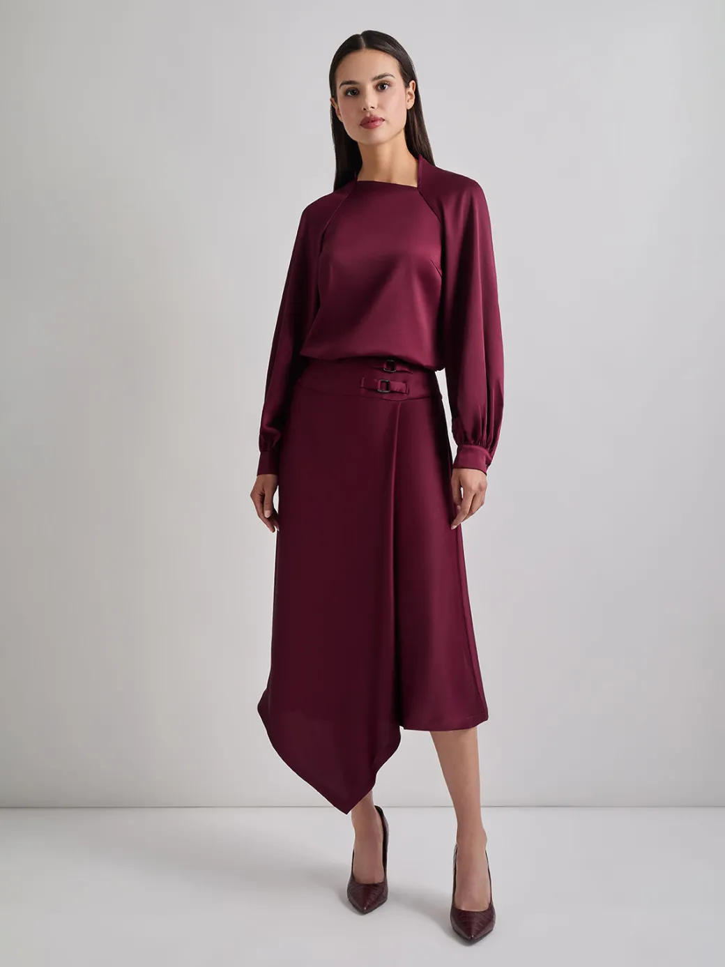 Asymmetrical Neckline Crepe de Chine Blouse|Misook Outlet