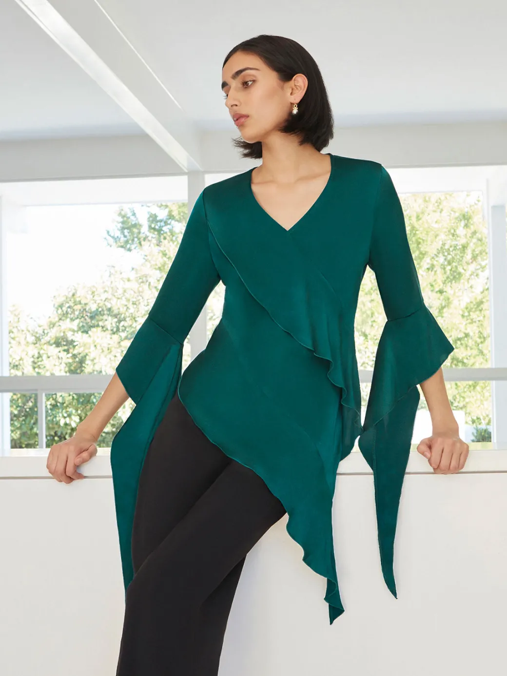 Asymmetrical Ruffle Blouse - Crepe De Chine|Misook Clearance