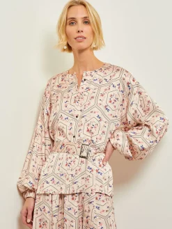 Balloon Sleeve Belted Blouse - Floral Print Crepe de Chine|Misook Hot