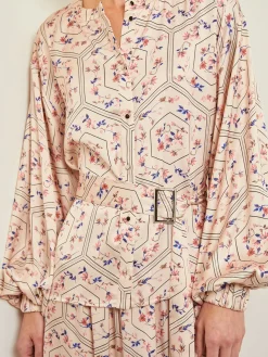 Balloon Sleeve Belted Blouse - Floral Print Crepe de Chine|Misook Hot