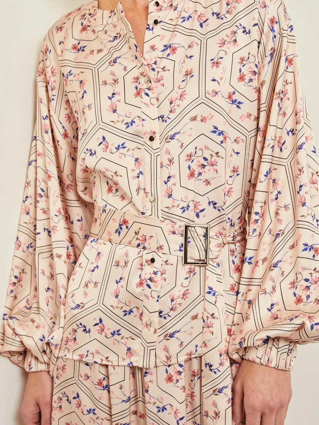 Balloon Sleeve Belted Blouse - Floral Print Crepe de Chine|Misook Hot