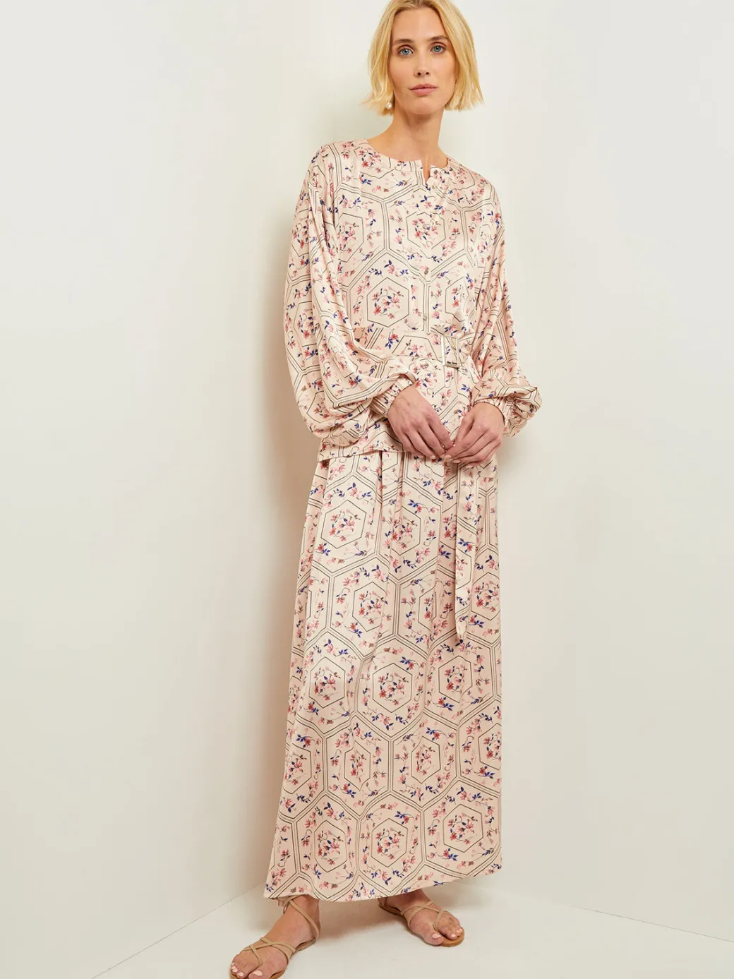 Balloon Sleeve Belted Blouse - Floral Print Crepe de Chine|Misook Hot