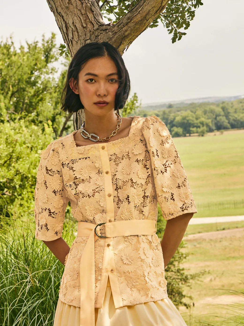 Belted Button Front Blouse - Floral Applique Woven|Misook Sale