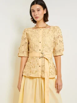 Belted Button Front Blouse - Floral Applique Woven|Misook Sale