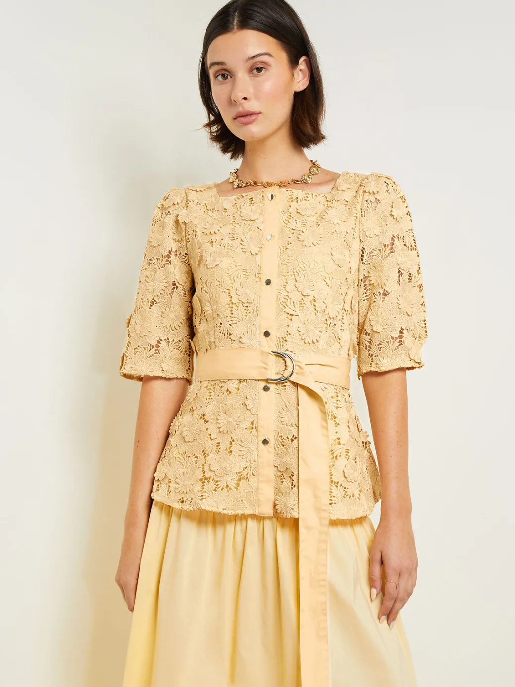 Belted Button Front Blouse - Floral Applique Woven|Misook Sale