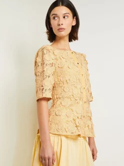Belted Button Front Blouse - Floral Applique Woven|Misook Sale
