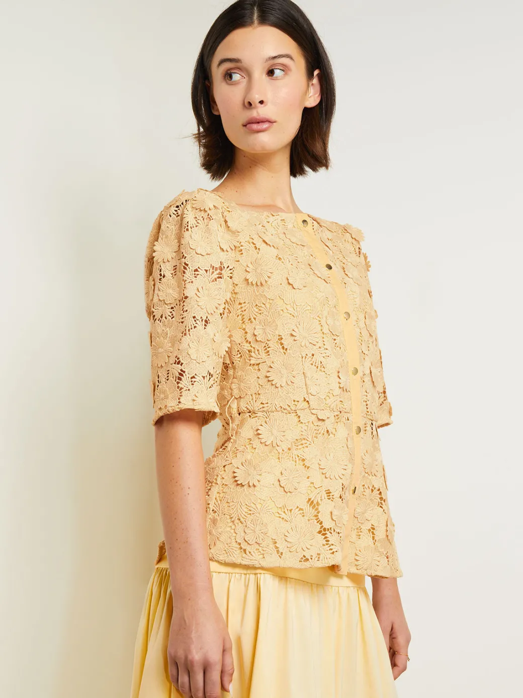 Belted Button Front Blouse - Floral Applique Woven|Misook Sale
