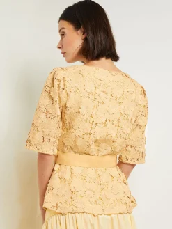 Belted Button Front Blouse - Floral Applique Woven|Misook Sale