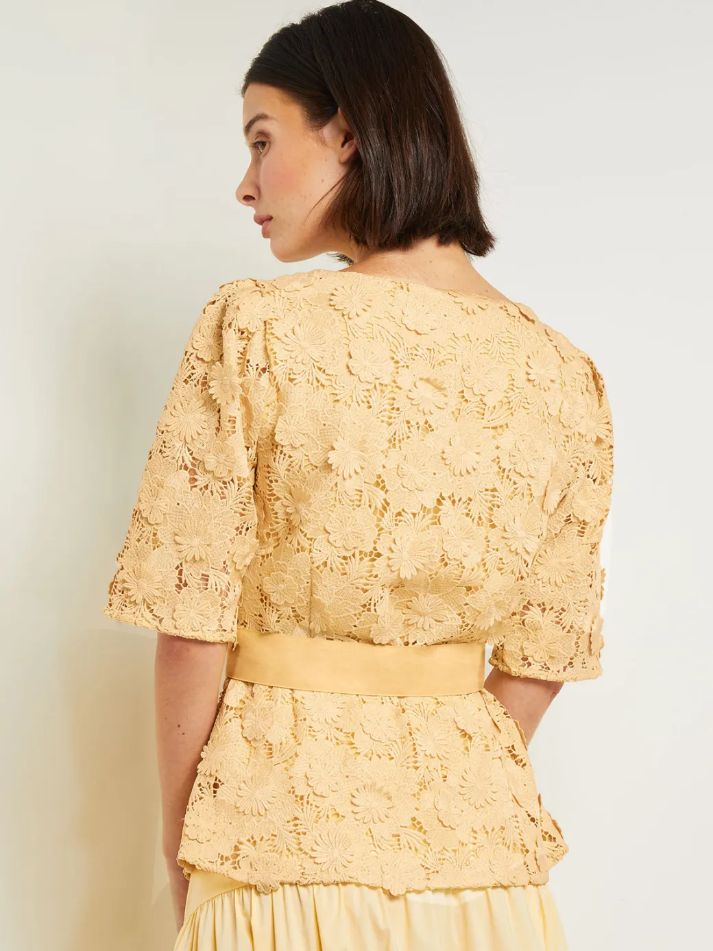 Belted Button Front Blouse - Floral Applique Woven|Misook Sale