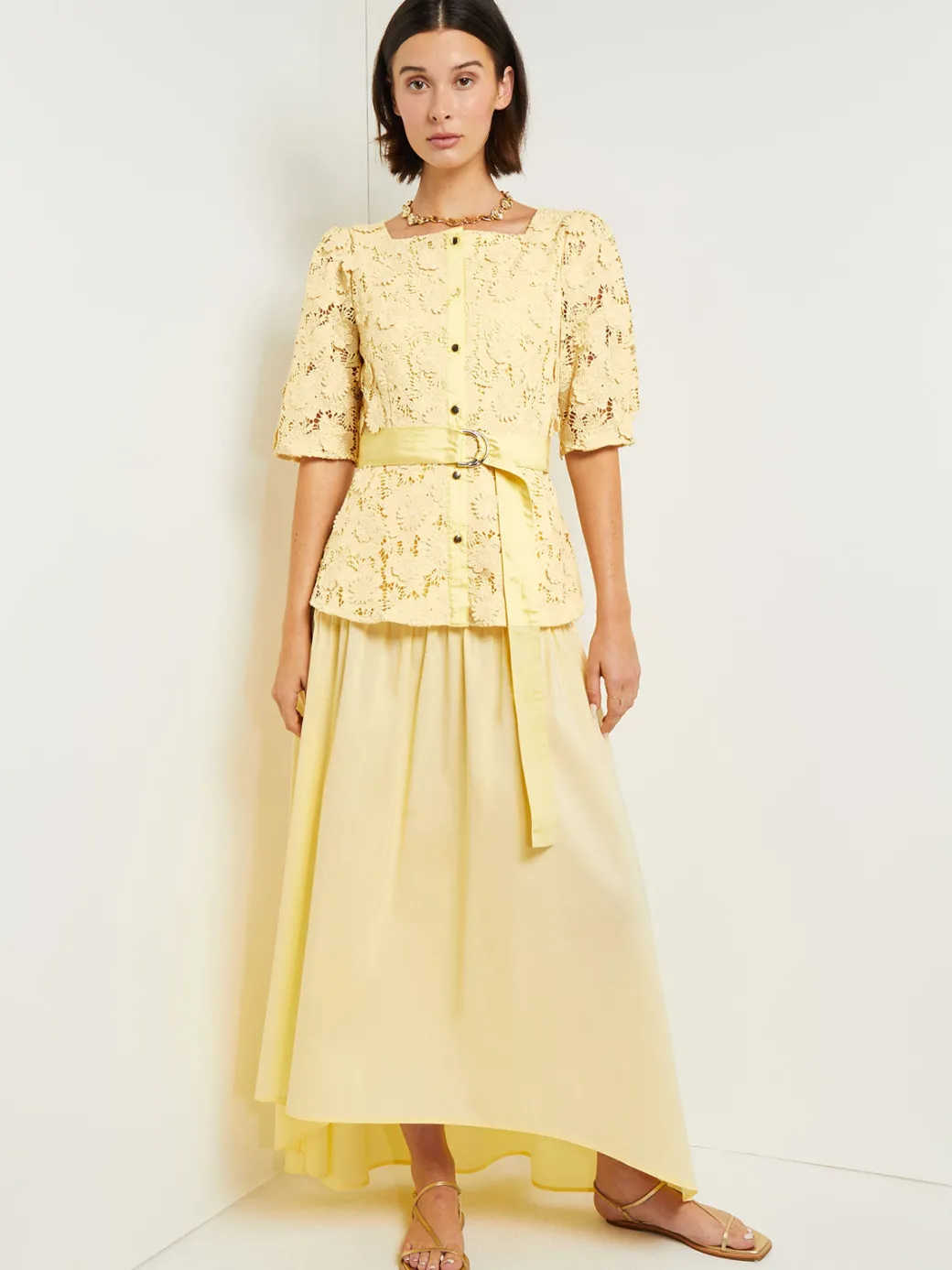 Belted Button Front Blouse - Floral Applique Woven|Misook Sale