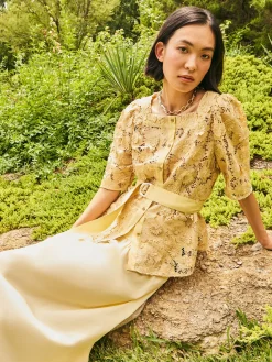 Belted Button Front Blouse - Floral Applique Woven|Misook Sale