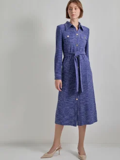 Belted Button Front Tweed Knit Midi Dress|Misook Outlet