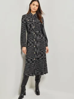 Belted Button Front Tweed Knit Midi Dress|Misook Sale