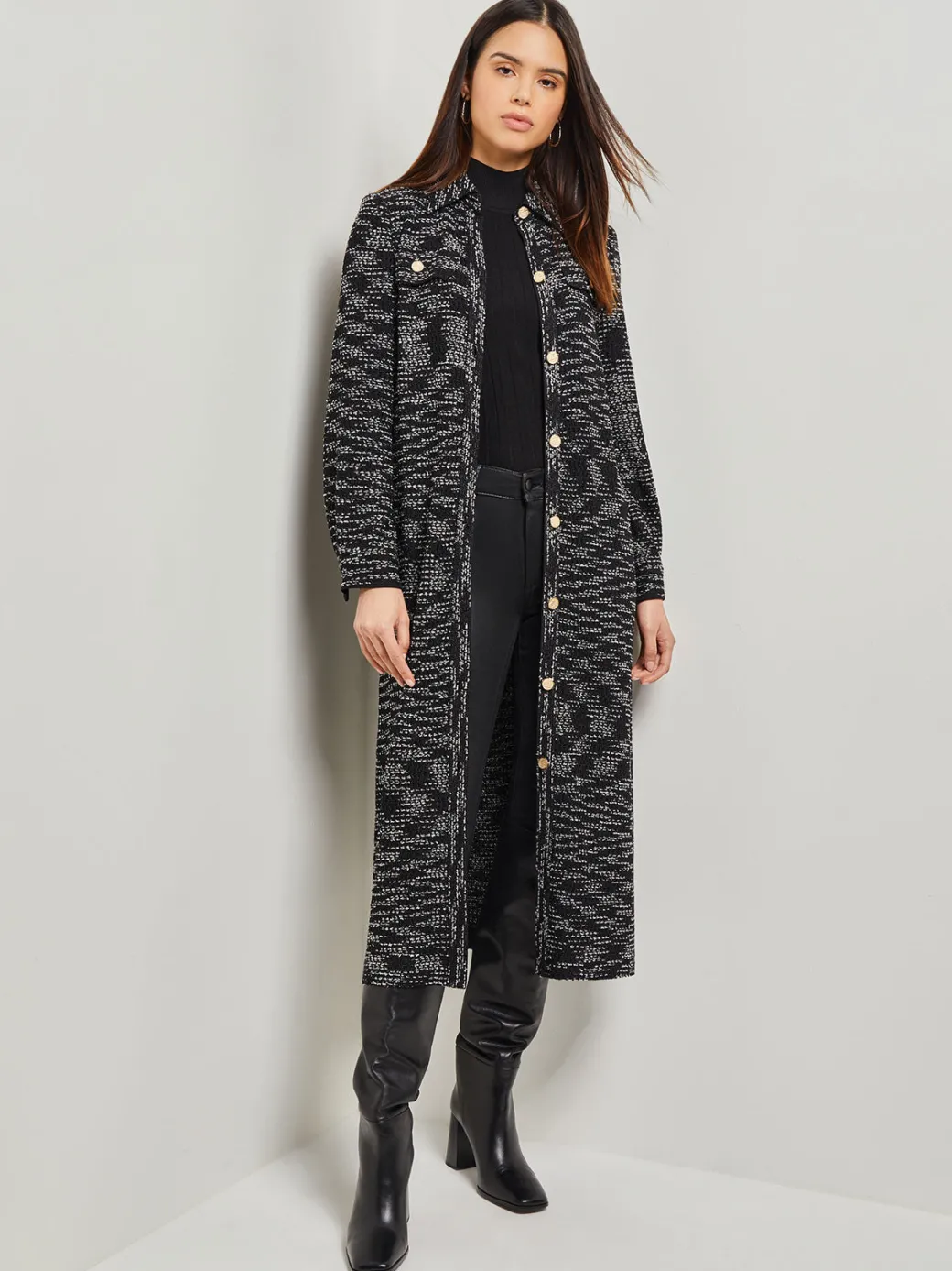 Belted Button Front Tweed Knit Midi Dress|Misook Sale