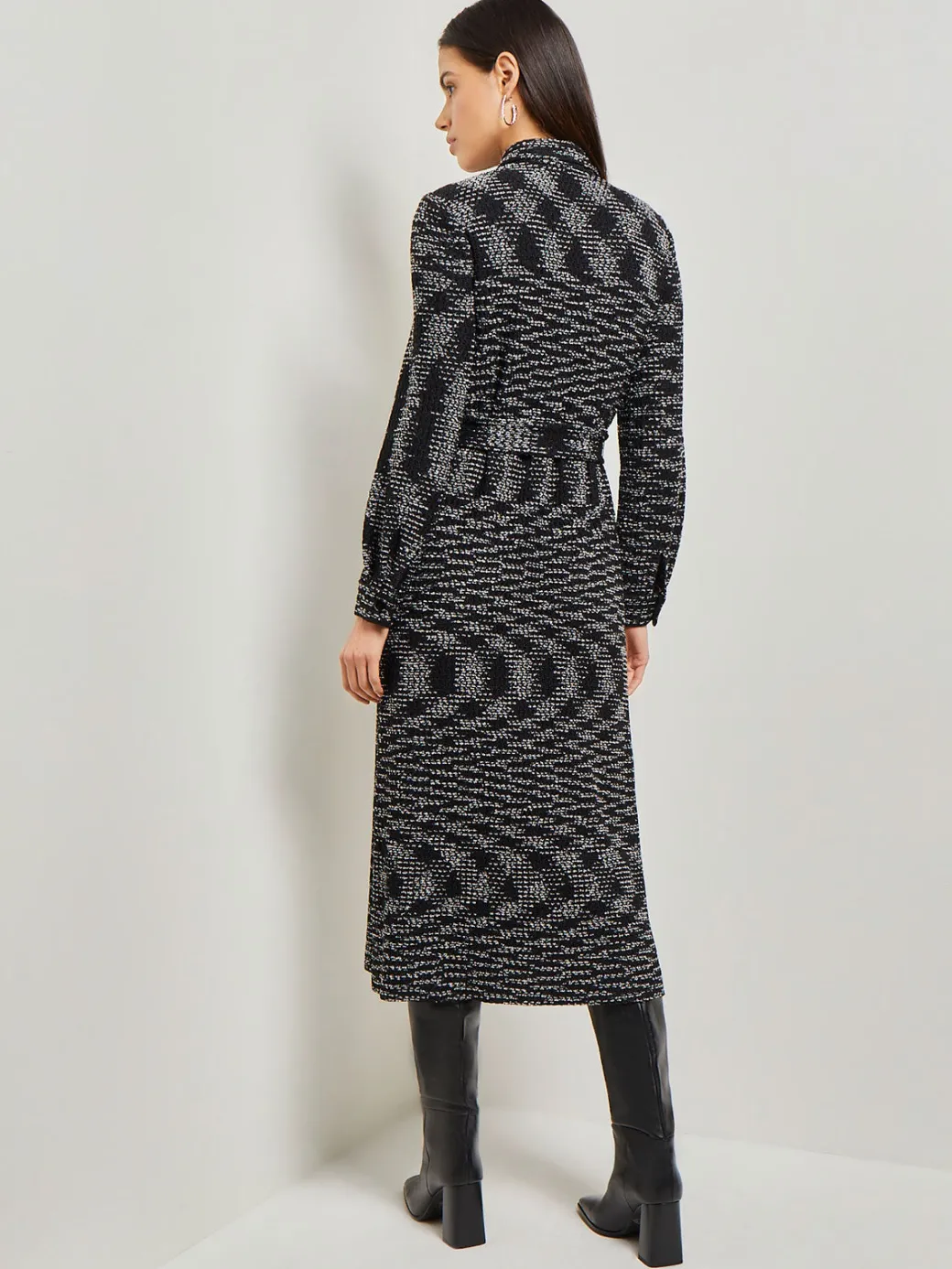 Belted Button Front Tweed Knit Midi Dress|Misook Sale