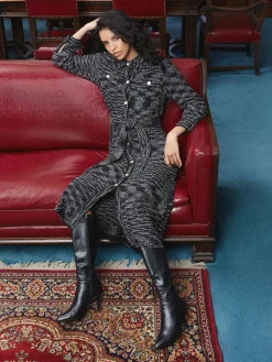 Belted Button Front Tweed Knit Midi Dress|Misook Sale