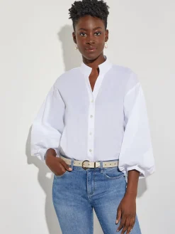 Bishop Sleeve Stretch Cotton Blouse|Misook Sale