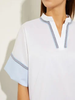 Blouse White Cotton - Split Neck Blouse ||Misook Best