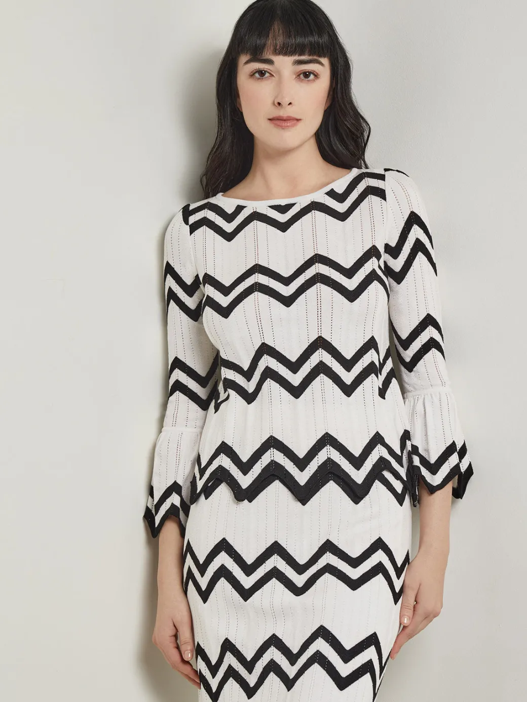 Boat Neck Tunic - Contrast Chevron Pointelle Soft Knit|Misook Best