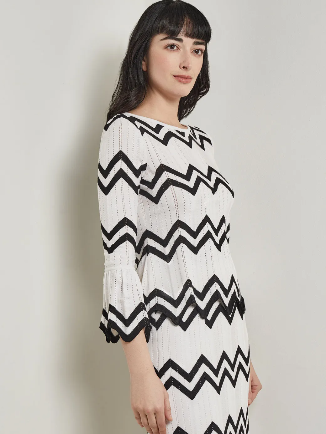 Boat Neck Tunic - Contrast Chevron Pointelle Soft Knit|Misook Best
