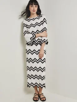 Boat Neck Tunic - Contrast Chevron Pointelle Soft Knit|Misook Best