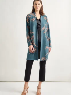 Botanical Print Open Front Long Jacquard Knit Jacket|Misook Sale