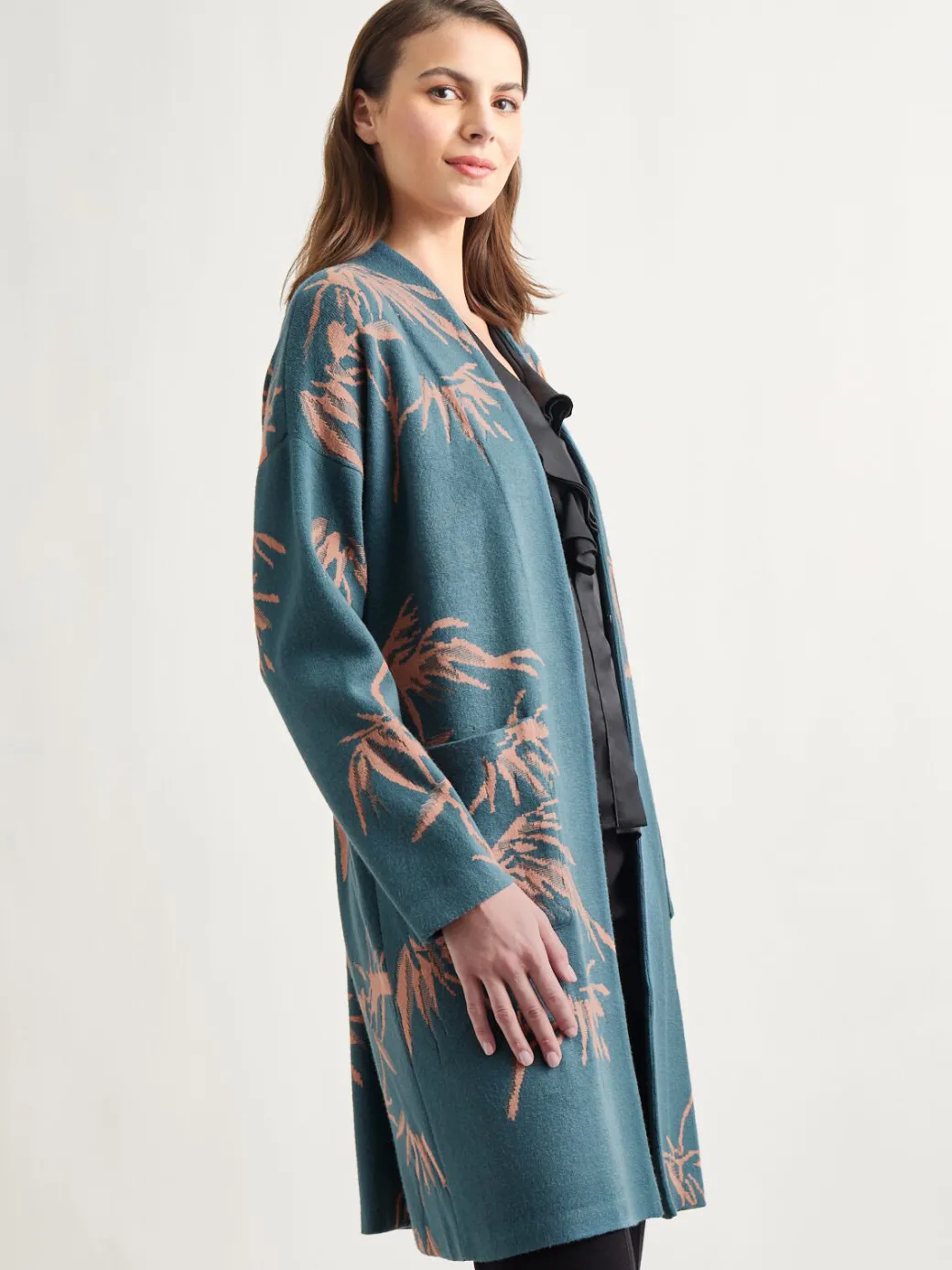 Botanical Print Open Front Long Jacquard Knit Jacket|Misook Sale