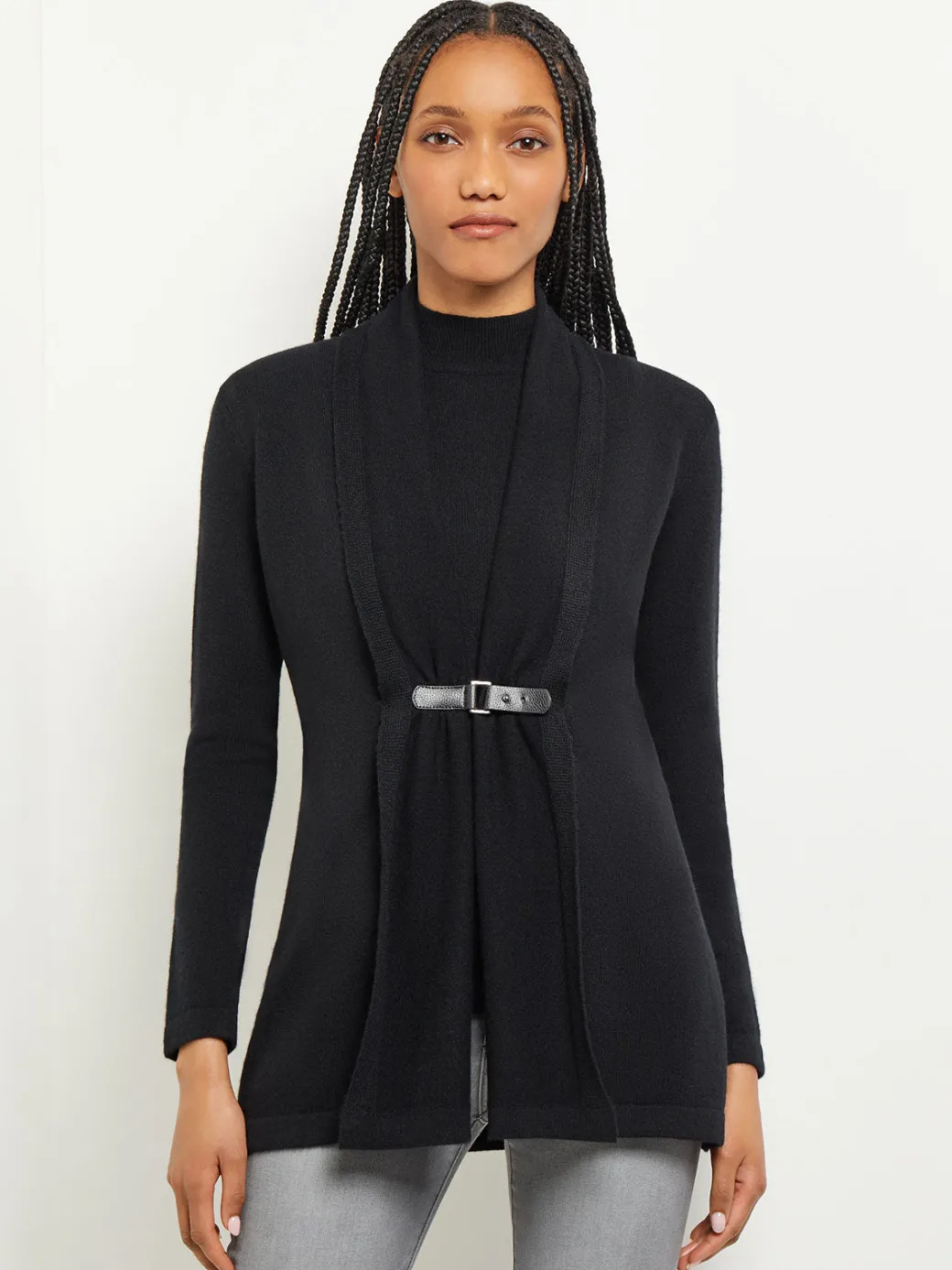 Buckle Detail Shawl Collar Cashmere Cardigan|Misook Outlet