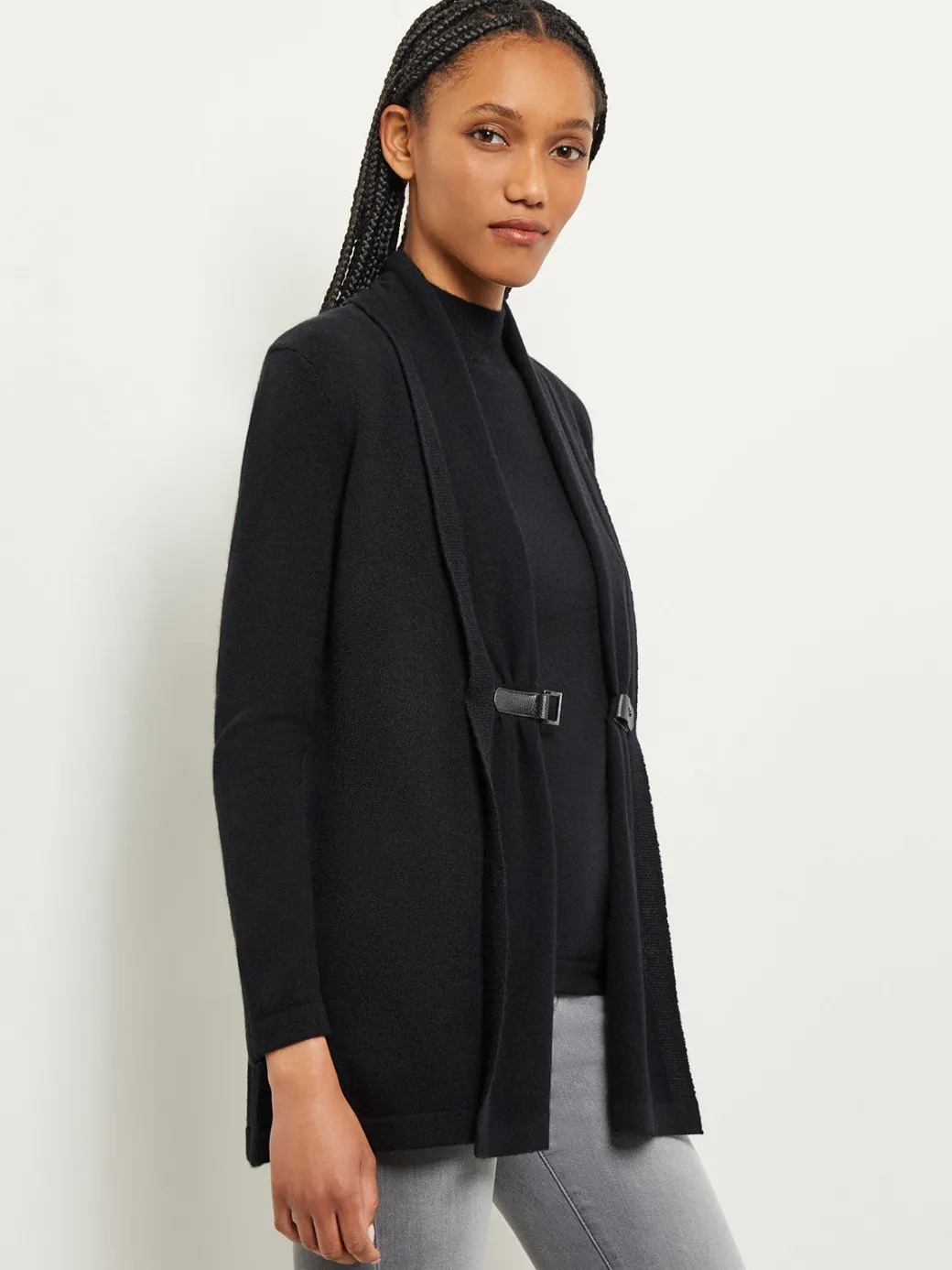 Buckle Detail Shawl Collar Cashmere Cardigan|Misook Outlet