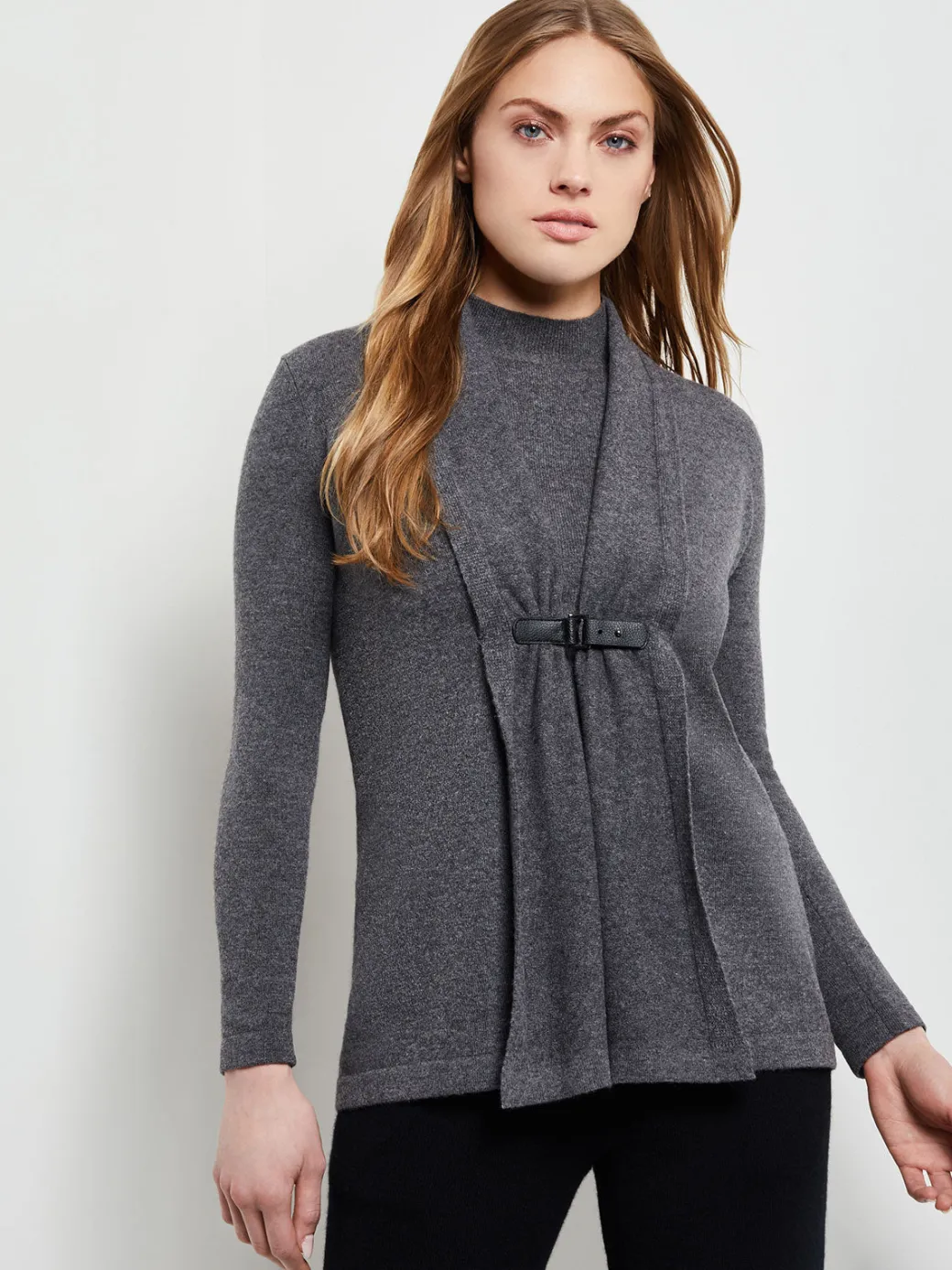 Buckle Detail Shawl Collar Cashmere Cardigan|Misook Hot