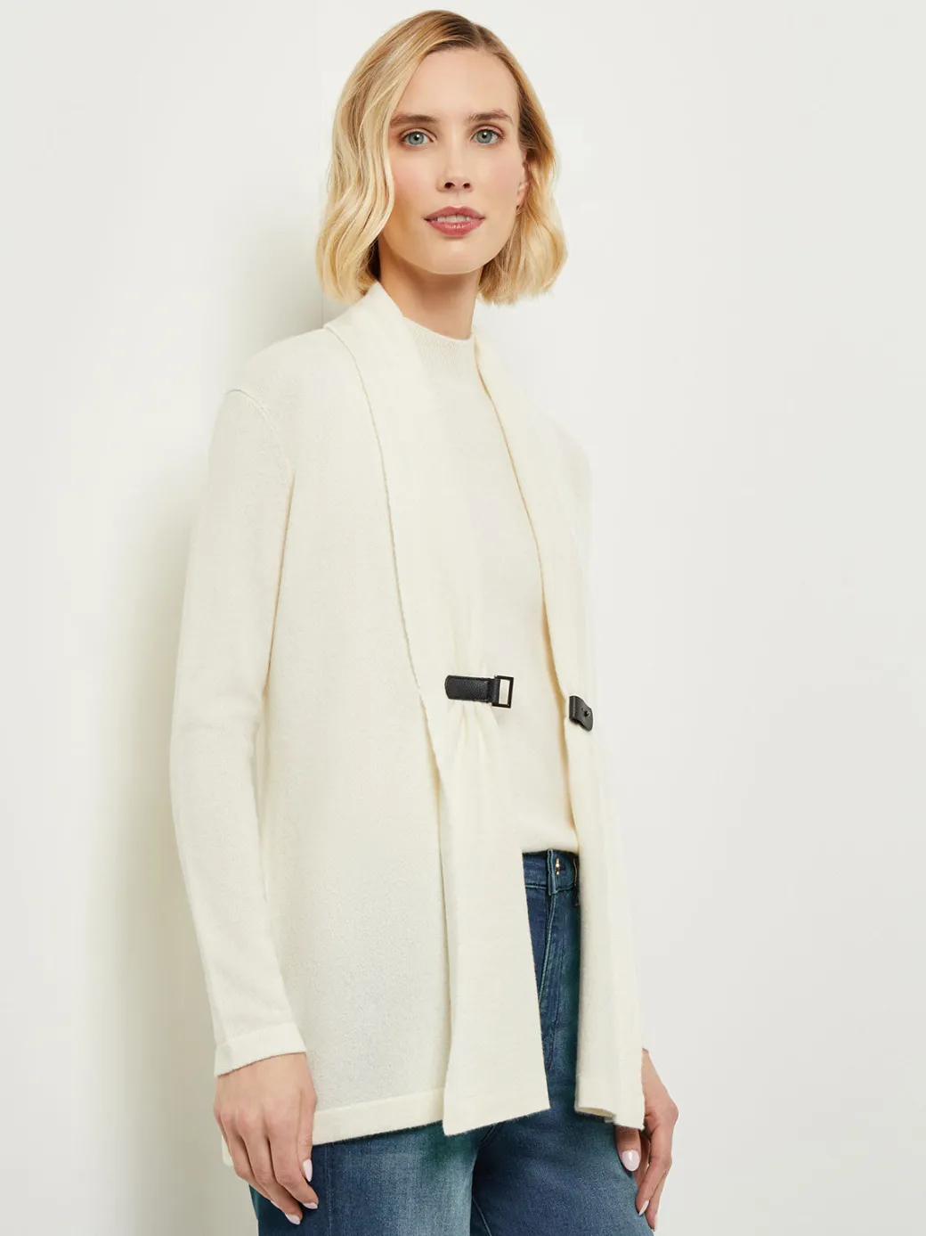 Buckle Detail Shawl Collar Cashmere Cardigan|Misook Clearance