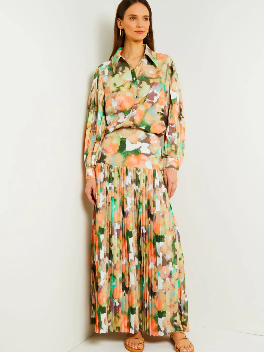 Button Front Blouse - Balloon Sleeve Watercolor Woven|Misook New