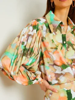 Button Front Blouse - Balloon Sleeve Watercolor Woven|Misook New