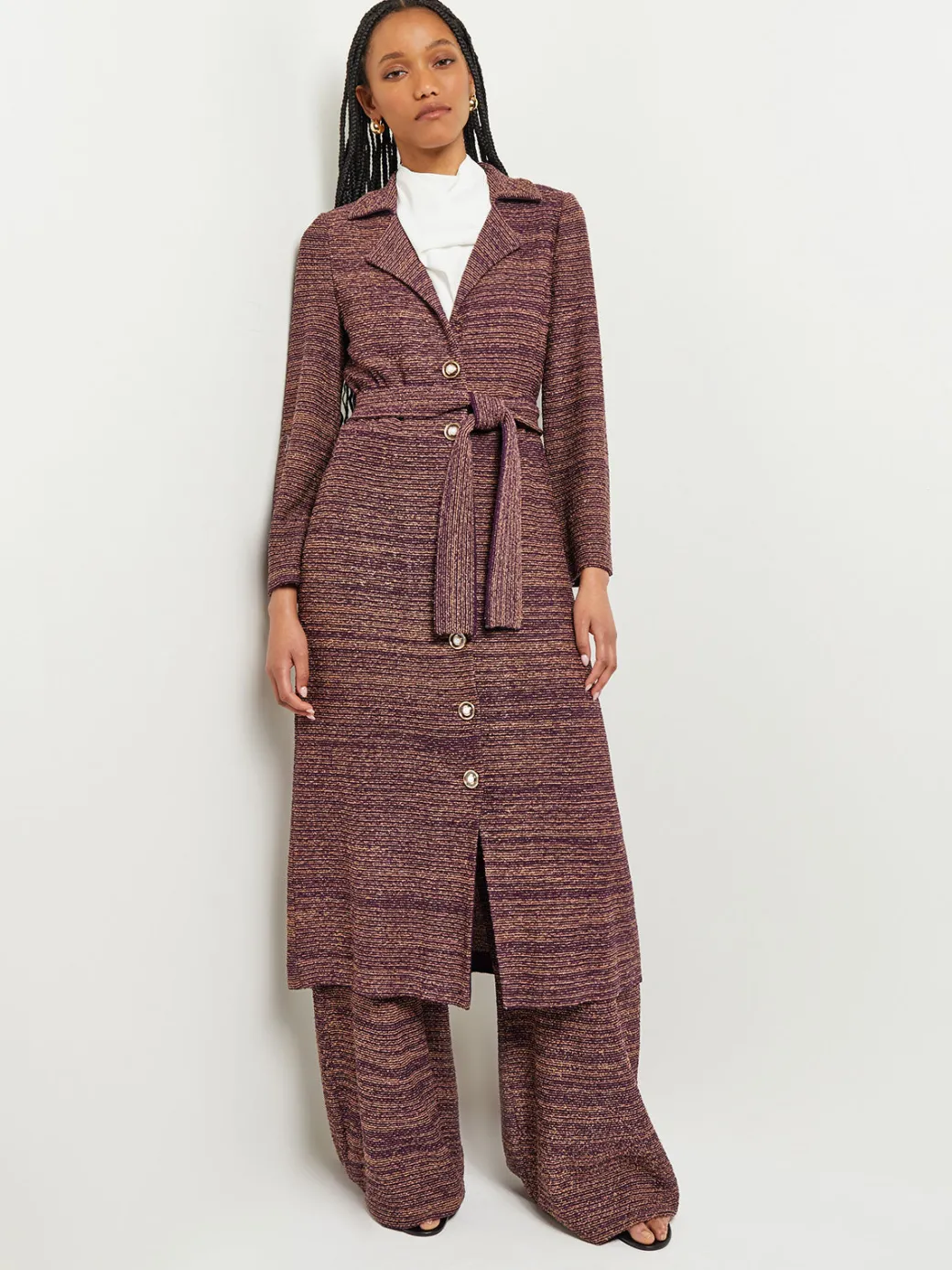 Button Front Duster - Belted Tweed Knit|Misook Outlet
