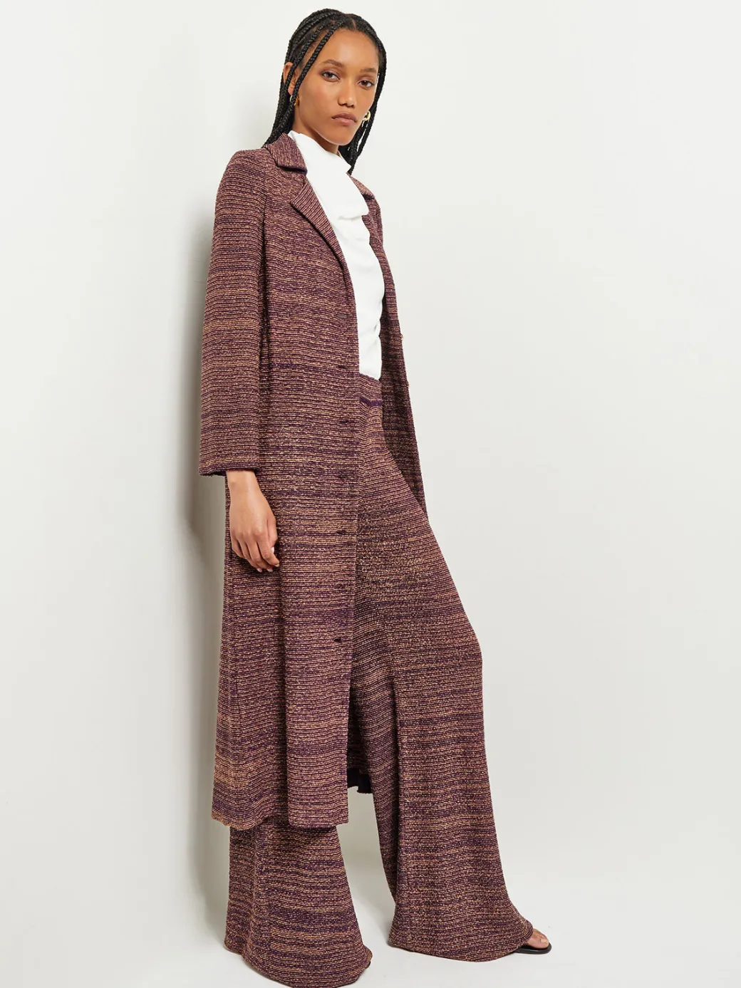 Button Front Duster - Belted Tweed Knit|Misook Outlet