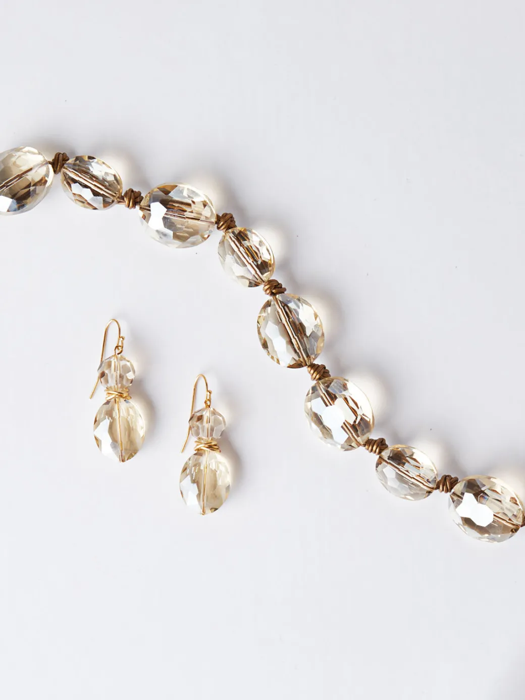 Champagne Crystal Woven Leather Necklace|Misook New