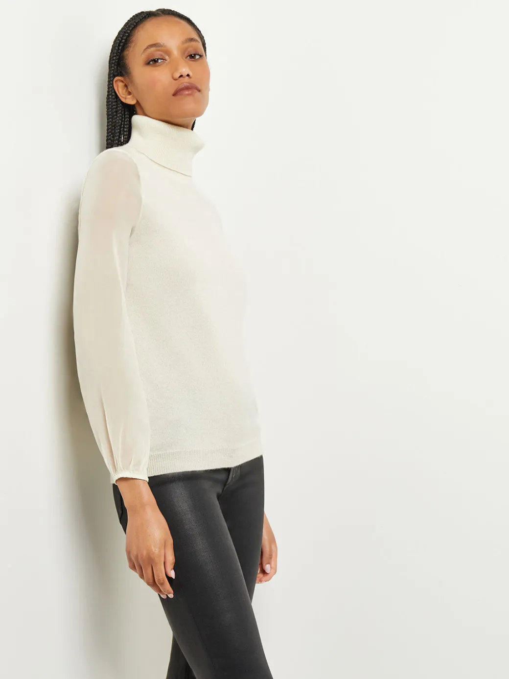 Chiffon Sleeve Cashmere Turtleneck|Misook Sale