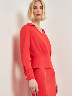 Collared Surplice Neck Blouse - Peplum Woven|Misook Hot