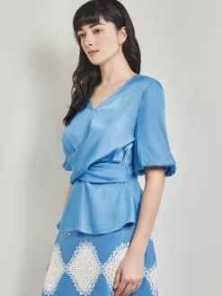 Crossover Peplum Blouse - Puff Sleeve Woven|Misook Outlet