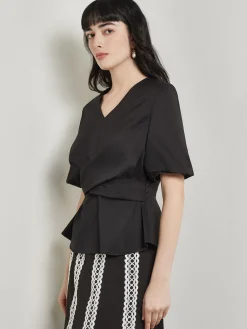 Crossover Peplum Blouse - Puff Sleeve Woven|Misook Fashion