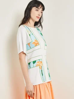 Dolman Sleeve Boat Neck Tunic - Cotton Floral Panel Soft Knit|Misook Fashion