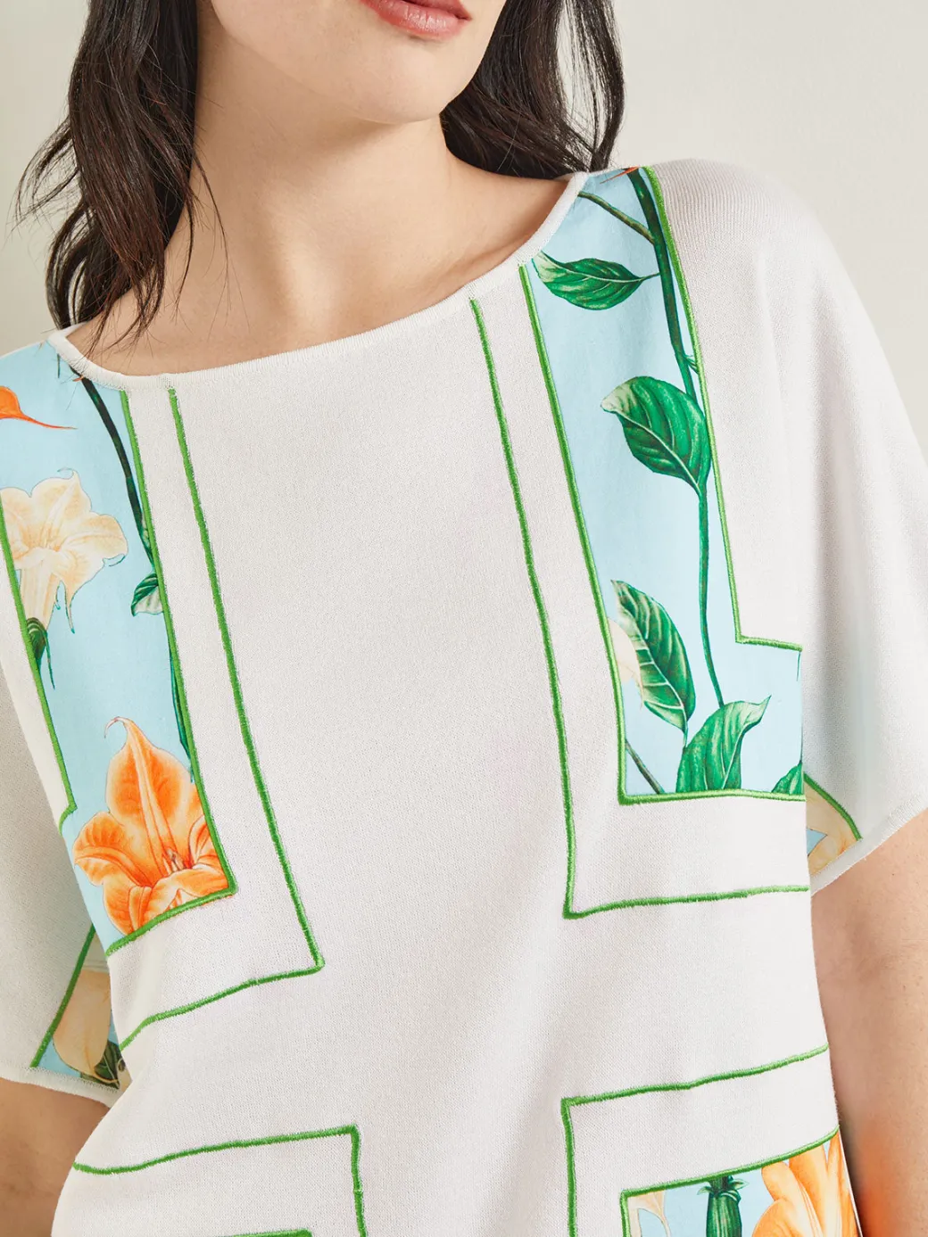 Dolman Sleeve Boat Neck Tunic - Cotton Floral Panel Soft Knit|Misook Fashion